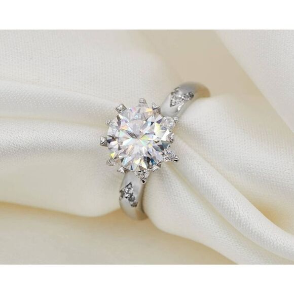 CERTIFIED Genuine Moissanite 2 Ct. Flower Halo Design Engagement Ring Sz 8 - Picture 1 of 9